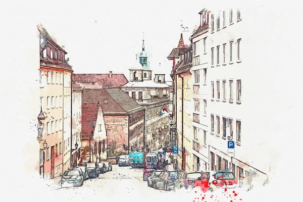 Akwarela szkic lub rysunek tradycyjnej architektury niemieckiej w Norymberdze w Niemczech — Zdjęcie stockowe