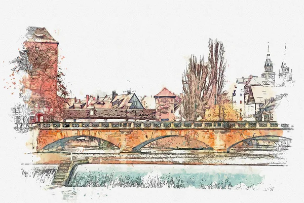 En akvarell skiss eller en illustration av traditionella tyska arkitekturen i Nürnberg i Tyskland — Stockfoto