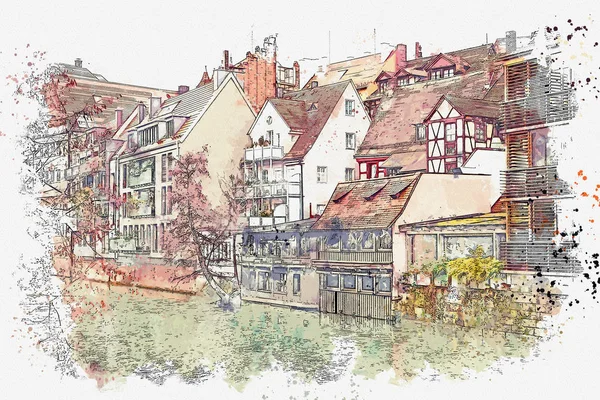 Eine aquarellierte Skizze oder eine Illustration traditioneller deutscher Architektur in Nürnberg — Stockfoto