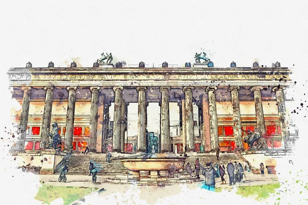 Акварельный набросок или иллюстрация. Старый музей или музей Альтес. Художественный музей в Берлине — стоковое фото