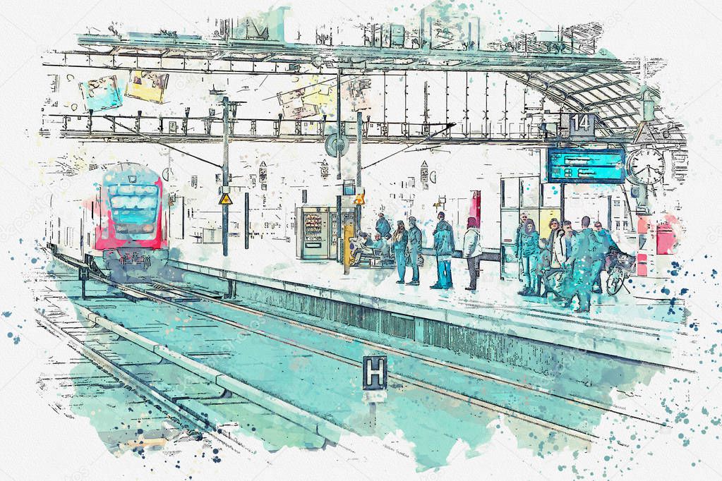 A watercolor sketch or an illustration. The central station in Berlin. People are waiting for the train on the platform.