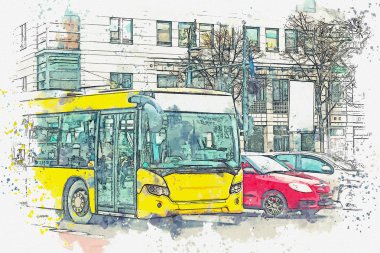 Bir suluboya kroki veya illüstrasyon. Berlin. Şehirde otobüs gidiyor.
