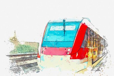 Bir suluboya kroki veya illüstrasyon. Almanya'da tren platformudur.