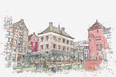 resimde veya sulu boya kroki. Amsterdam geleneksel binalar.