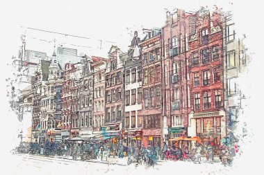 resimde veya sulu boya kroki. Amsterdam geleneksel binalar.