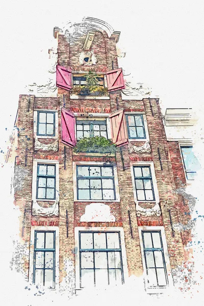 Ilustração ou esboço aquarela. Arquitetura antiga tradicional em Amsterdam . — Fotografia de Stock