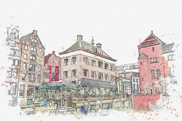 그림 또는 수채화 스케치입니다. 암스테르담에서 전통적인 오래 된 아키텍처. — 스톡 사진
