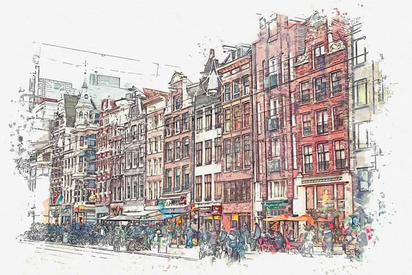 Ilustração ou esboço aquarela. Arquitetura antiga tradicional em Amsterdam . — Fotografia de Stock