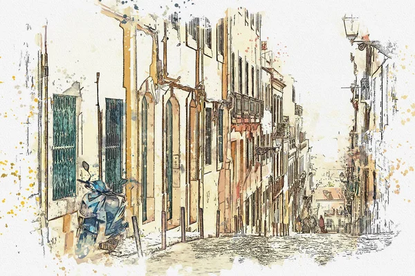 Un boceto de acuarela o una ilustración. Vista de una hermosa calle de Lisboa en Portugal . — Foto de Stock