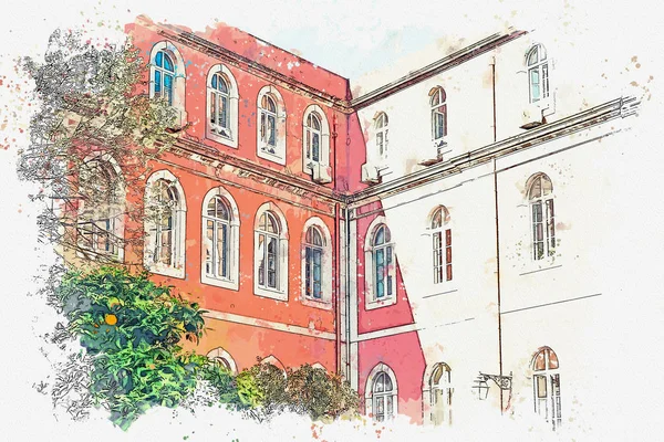 Акварельный набросок или иллюстрация. Традиционная архитектура Европы. Угол типичного здания в Лиссабоне . — стоковое фото