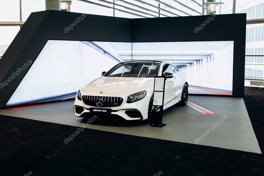 Berlin, August 29, 2018. A close-up of the new white Mercedes-Benz AMG GT is sold in the official Mercedes-Benz dealership in Berlin.
