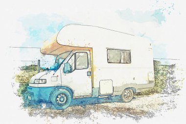 Suluboya bir kroki ya da bir örnek. Bir karavan veya seyyar bir ev yol kenarında park etmiş. Araba yolculuğu veya araba ile seyahat.