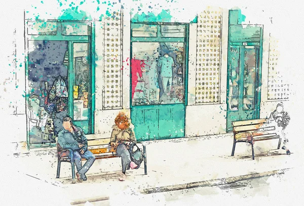 Egy akvarell Vázlat vagy egy illusztráció. Az emberek ülnek a padon — Stock Fotó