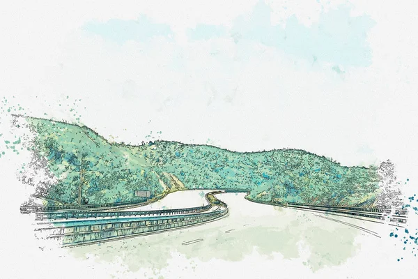 En akvarell skiss eller en illustration. Asfaltvägen i Portugal från norra delen av landet i söder — Stockfoto