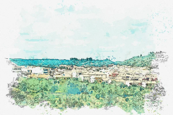 Szkic akwarela czy ilustracja. Piękny widok na tradycyjnych budynków mieszkalnych lub małe miasteczko na południu Portugalii — Zdjęcie stockowe