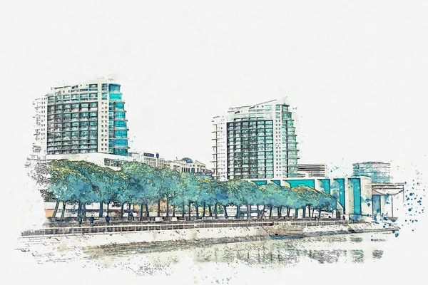 En akvarell skiss eller en illustration. Urban Visa arkitekturen i Lissabon — Stockfoto