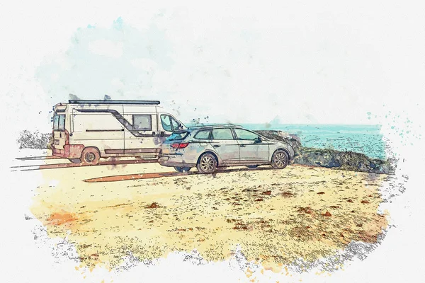 Μια ακουαρέλα σκίτσο ή εικόνα. Πάρκινγκ στην ακτή στον ωκεανό ή τη θάλασσα. Ταξίδι με αυτοκίνητο. — Φωτογραφία Αρχείου