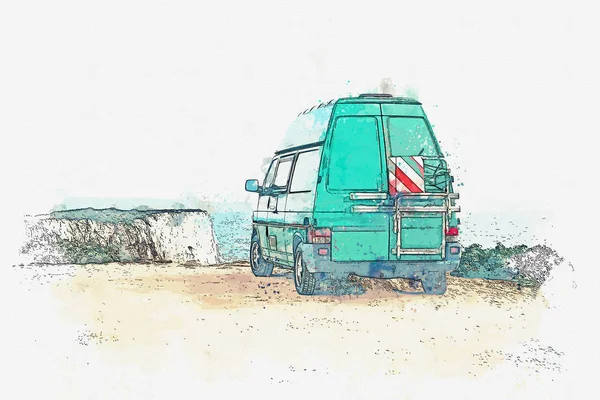 Un boceto de acuarela o una ilustración. Aparcamiento en la orilla del océano o el mar. Viaje en coche . — Foto de Stock