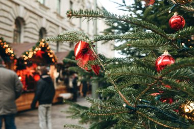 Noel ağacı veya çam dalları ön planda. Belgili tanımlık Noel çarşı içinde Almanya arka planda bulanık.