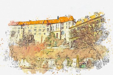 Suluboya bir kroki ya da bir örnek geleneksel mimarisi Cesky Krumlov, Çek Cumhuriyeti.