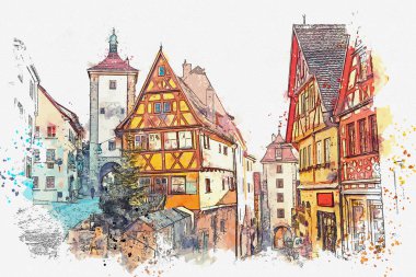 Bir suluboya kroki veya Rothenburg ob der Tauber Almanya'da güzel bir sokakta çizimi
