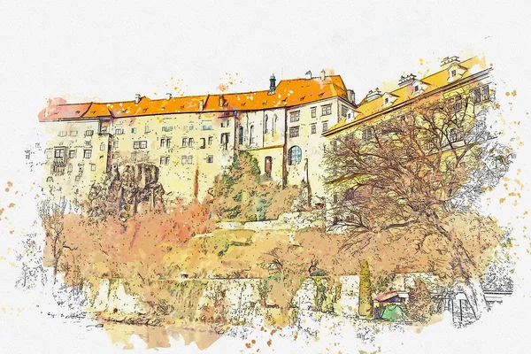 Eine aquarellierte Skizze oder eine Illustration der traditionellen Architektur in cesky krumlov in der Tschechischen Republik. — Stockfoto