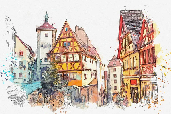 水彩スケッチやドイツのローテンブルクの美しい通りのイラスト — ストック写真