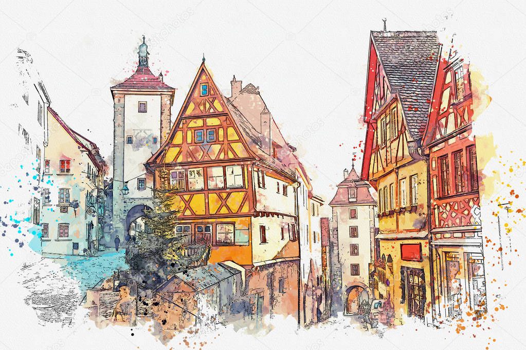 A watercolor sketch or illustration of a beautiful street in Rothenburg ob der Tauber in Germany