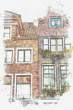 resimde veya sulu boya kroki. Amsterdam geleneksel binalar.
