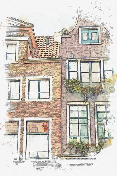 Illustration ou croquis aquarelle. Ancienne architecture traditionnelle à Amsterdam . — Photo