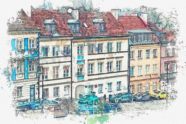 Illustration or watercolor sketch. Traditional architecture in in Warsaw, Poland. — Stock Photo, Image