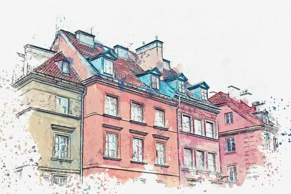 Illustration eller akvarell skiss. Traditionell arkitektur i i Warszawa, Poland. — Stockfoto