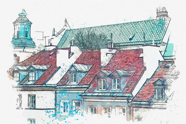 Ilustración o boceto de acuarela. Arquitectura tradicional en en Varsovia, Polonia . — Foto de Stock