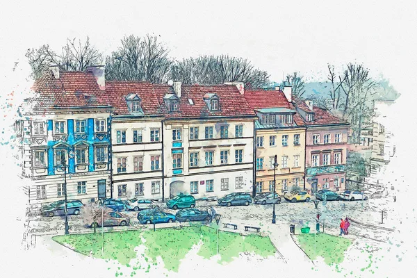 Ilustração ou esboço aquarela. Arquitetos em Varsóvia, Polonia . — Fotografia de Stock