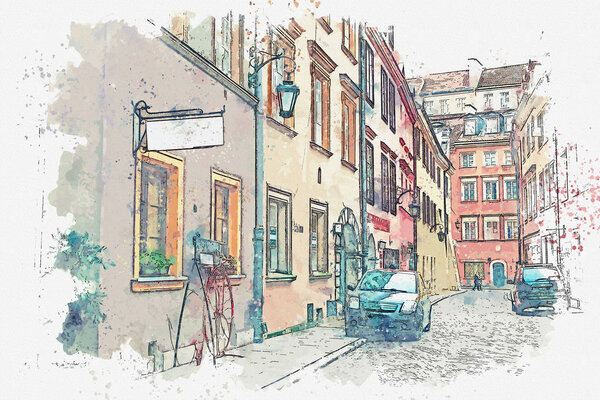 illustration or watercolor sketch. Traditional architecture in in Warsaw, Poland.