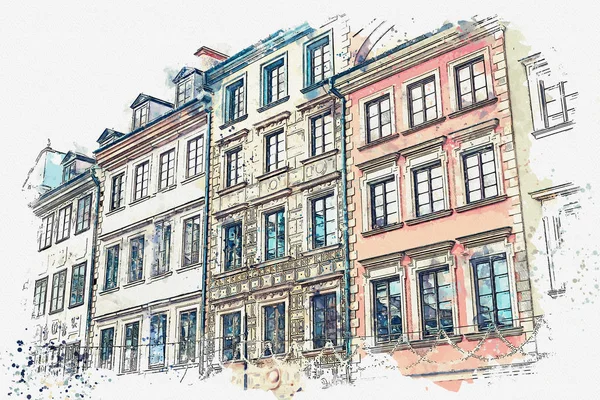 Illustration or watercolor sketch. Traditional architecture in in Warsaw, Poland. — Stock Photo, Image