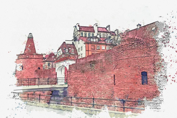 Illustration or watercolor sketch. Historic Warsaw Barbican — Stock Photo, Image