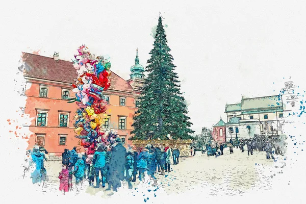 Illustration or watercolor sketch. Christmas tree on the main square of Warsaw. — Stock Photo, Image