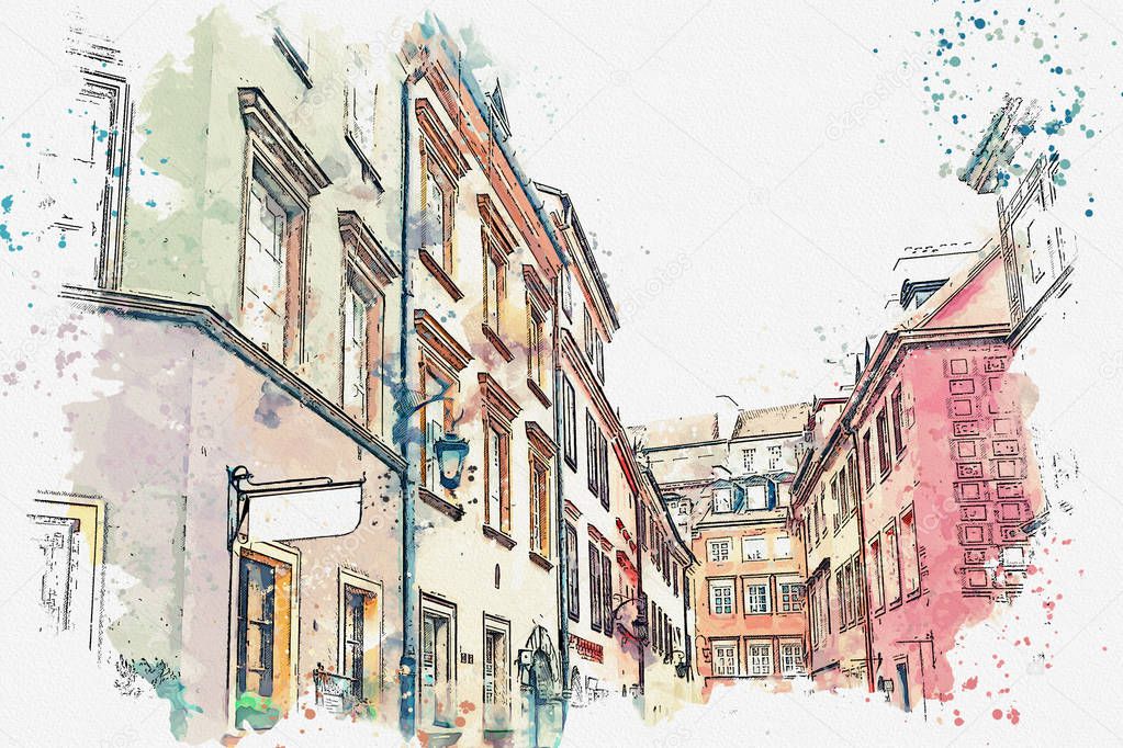 illustration or watercolor sketch. Traditional architecture in in Warsaw, Poland.