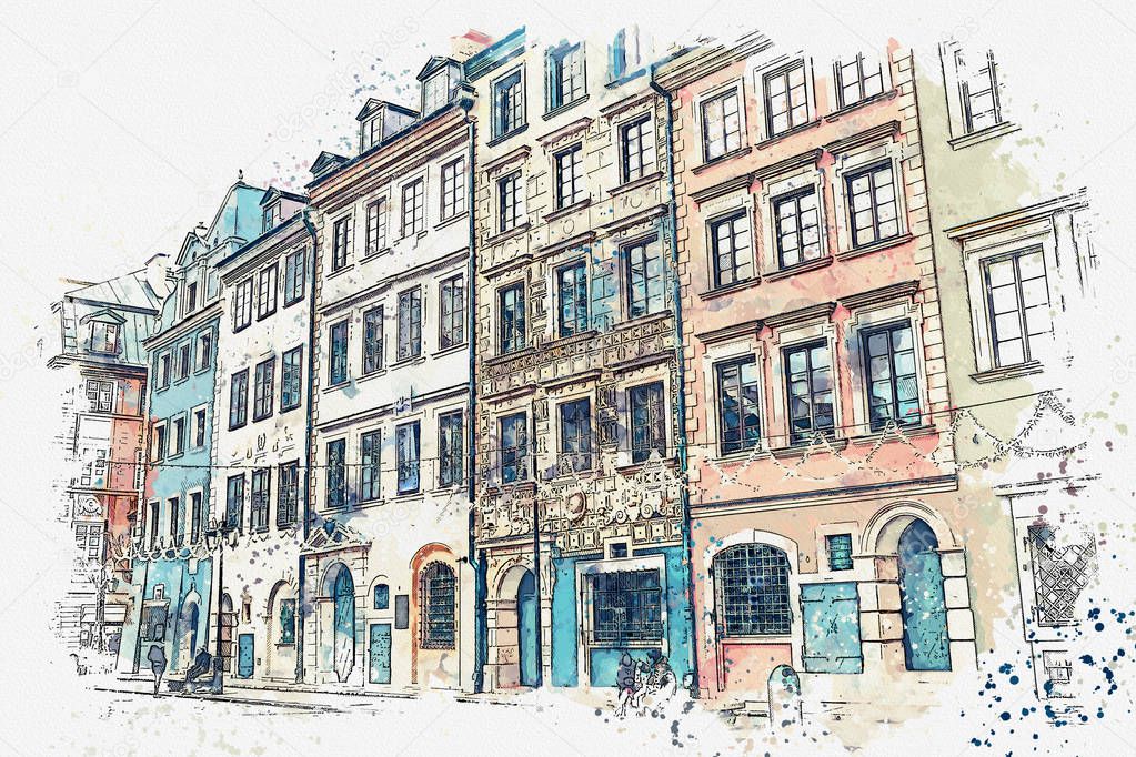 illustration or watercolor sketch. Traditional architecture in in Warsaw, Poland.