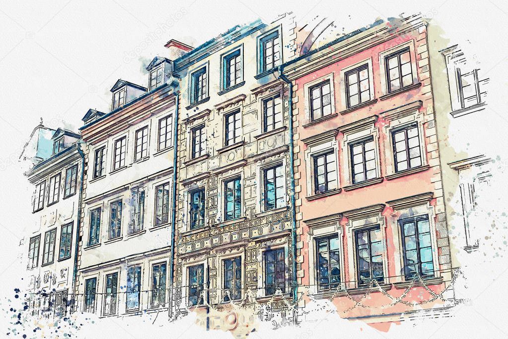 illustration or watercolor sketch. Traditional architecture in in Warsaw, Poland.