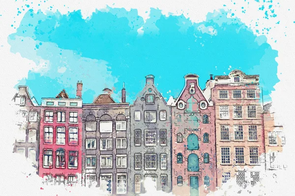 그림 또는 수채화 스케치입니다. 암스테르담에서 전통적인 오래 된 아키텍처. — 스톡 사진