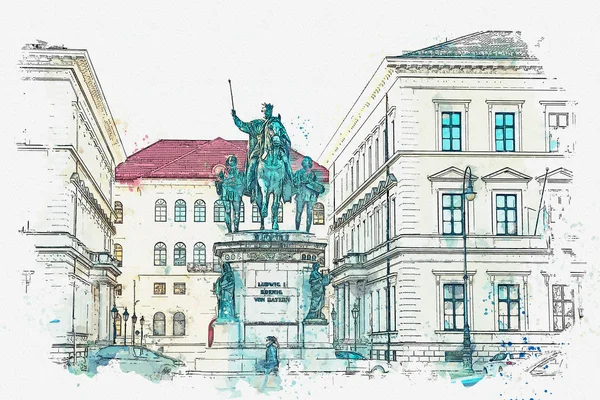 Een aquarel schets of illustratie. Standbeeld van koning Lodewijk, de eerste van Beieren in München — Stockfoto