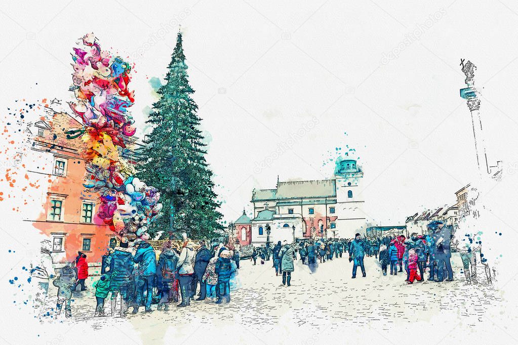illustration or watercolor sketch. Christmas tree on the main square of Warsaw.