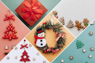 Yaratıcı bir fikir çeşitli Noel oyuncaklar ve şeyler üzerinde çok renkli arka planlar.