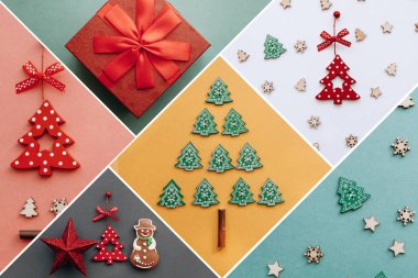 Yaratıcı bir fikir çeşitli Noel oyuncaklar ve şeyler üzerinde çok renkli arka planlar.