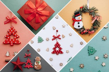 Yaratıcı bir fikir çeşitli Noel oyuncaklar ve şeyler üzerinde çok renkli arka planlar.