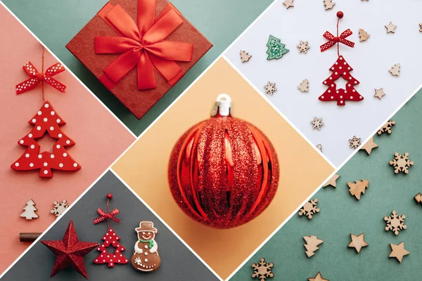Kreativní nápad různé vánoční hračky a věci na vícebarevné pozadí. — Stock fotografie