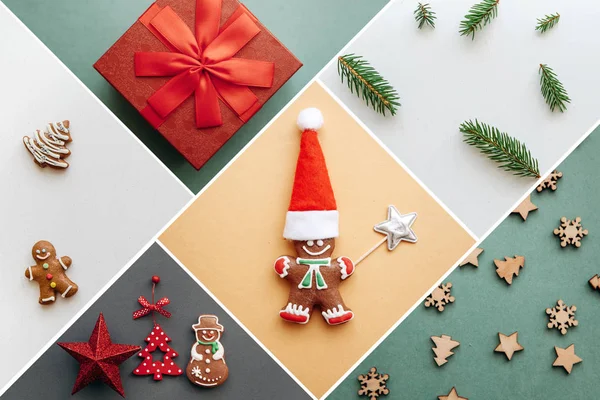 Ideia criativa vários brinquedos de Natal e coisas em fundos multicoloridos . — Fotografia de Stock