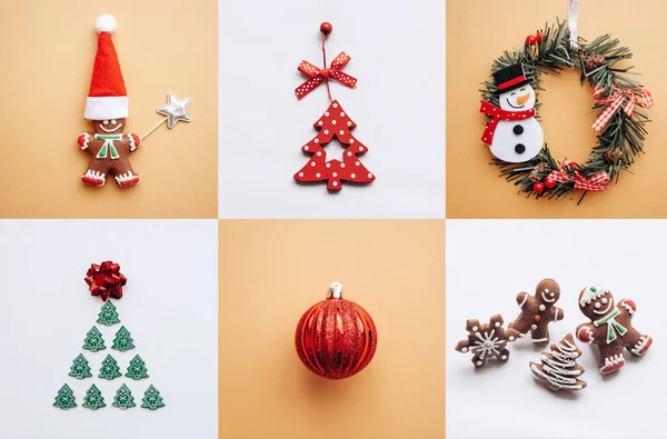 Idea creativa vari giocattoli di Natale e cose su sfondi multicolori . — Foto Stock